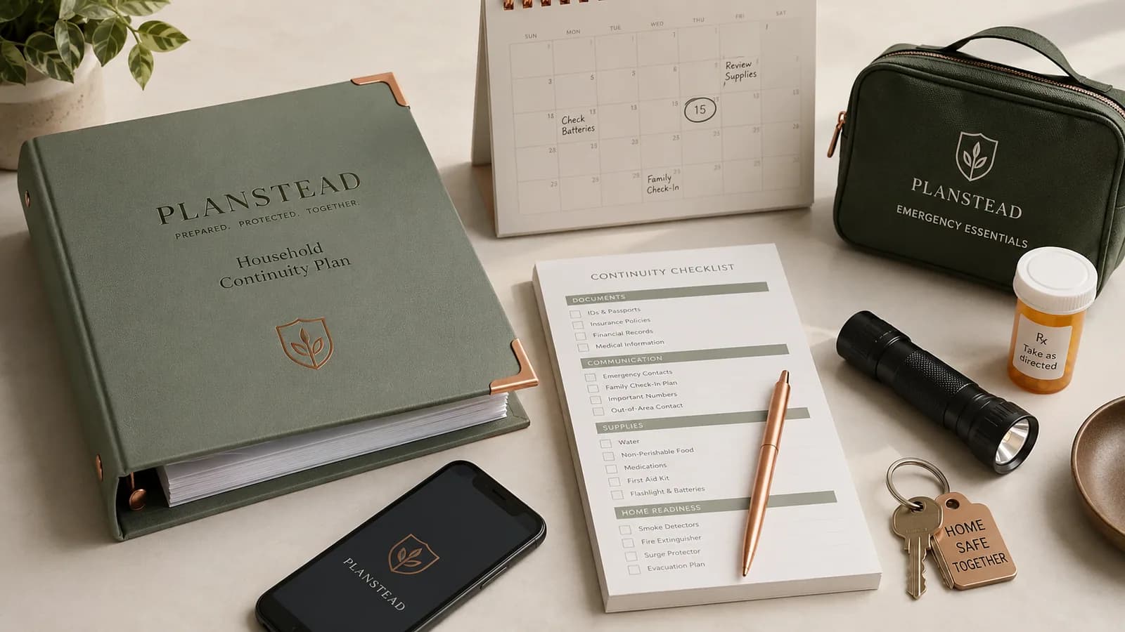 Household continuity workspace with a checklist, calendar, and emergency references.