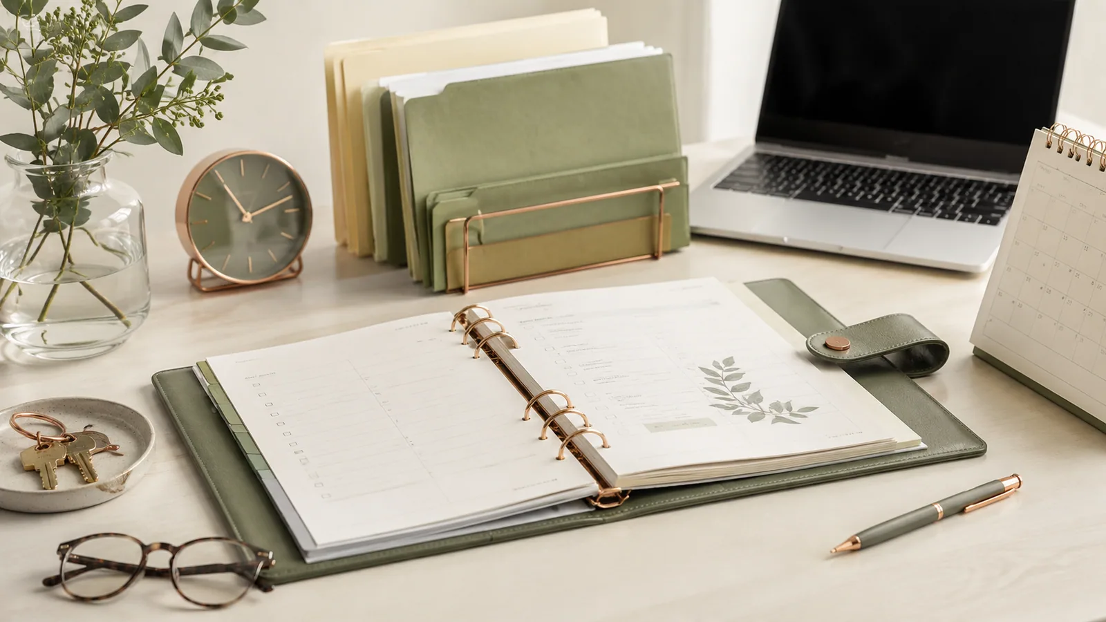Organized household planning workspace with files, a calendar, and a laptop.